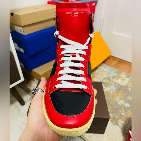 EUC Men Size 10 Saint Laurent SL/10H Contrast-Stripe High Top Sneakers Red/White - Picture 8 of 14